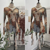 Shooting Ribbon Mesh Yarn Leaf Side Retro Print V Collar Horn Sleeve Top Spring And Summer Short Repair T-Shirt