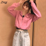 Hat Hoodies Chic Autumn Trendy Korean Solid Zip-up Ladies Cropped Hoodie All-match Loose Popular Womens Sweatshirts