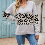 Autumn And Winter New V-Neck Spliced Knitted Shirt Women's Jacket Leopard Print Women's