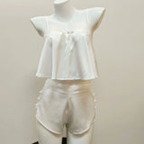 Ice Silk Pure Wind-Like Belly Pocket Shorts Women's Summer Sexy Deep V Lace Pajamas Set