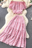 Vintage Women Floral Printed Two Piece Set Casual Slash Neck Single Breasted Short Blouse + High Waist A-Line Midi