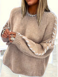 Leisure Pure Color Round Collar Knitted Shirt Wear Rope Design Loose Lanky Long Sleeve Sweater Female