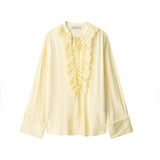 For Women's Clothing INS Bursts Of Retro Cuff Neckline Lotus Loaf Side Draw Rope Long-Sleeved Shirt