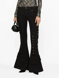 Zingj 2024 New High Waist Horn Trousers Overalls Style Slim Show Thin Versatile Ribbon Decoration Floor Casual