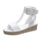 And Summer New Belt Buckle One-Word Slope Sandals Women's Flat Bottom Car Sewing Empty Dew Roman
