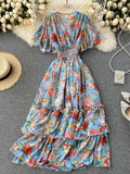 Women Floral Printed Long Dress Sexy V-Neck Short Sleeve High Waist Ruffle Beach Vacation Vestidos Female Maxi Robe