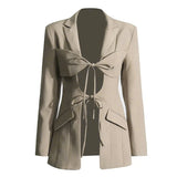 Zingj Spring Fashion Sexy V-Shaped Tie Hollow Out Waist Irregular Splicing Design Sense Suit Jacket