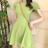 Women Dresses Short Sleeve Solid Sexy Stretchy Midi O-neck Sweet Girls Leisure Slim Skinny Elegant Empire Stylish Streetwear