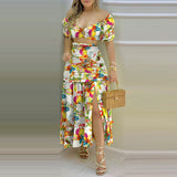 Autumn New Fashion Impact Printing Vest High-Waist Open Fork Dress Set