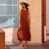 Zingj Spring And Summer Leisure Fashion Round Collar Vest Solid Color New Lace Splicing In The Long Dress