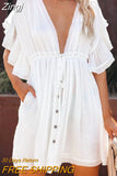 Women Beach Cover Up Dress Sexy Deep V-Neck Ruffle Short Sleeve Drawstring Dress Loose Bikini Cover Ups