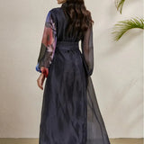 Court Dress Female Senior Sense Strap To The Waist Lantern Sleeve Print Single Buckle Mesh Elegant