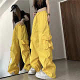 Zingj Speed Dry Cargo Pants Female Stereo Pocket High Waist Straight Tube Wide Leg Ribbon Loose Casual Floor