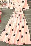 Polka Dot Midi Dress Summer 2023 Sexy V-neck Flare Sleeve Casual Vestidos Verano Elegant Blue/White Sashes Dresses