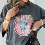Street Trend Fashion To Do Old Washing Printing T-Shirt With Seven-Sleeve Top Loose Oversize