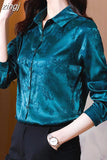 Silk Women's Blouses Shirts Long-sleeved Top Jacquard Satin Woman Shirt Solid Button Print Blouse Elegant Women