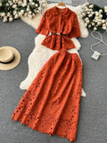 Women Hollow Out Two Piece Set Vintage Turn-Down Collar Short Sleeve Tops + High Waist Long Skirt 2Pcs Suit New