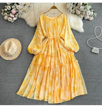 New Gentle Style Temperament Long-Sleeved Round Recipient Waist Thin Print Chiffon Big Swing Long Dress