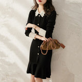 Women Single Breasted Turn Down Collar Knitted Sweater Spring Long Sleeve Elegant Slim Bodycon Knee Mermaid Dress Black