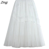 Bow Pink Long Tulle Skirt Women Korean Fashion ELastic High Waist A-Line Tutu Maxi Skirt Elegant Female Faldas Jupe