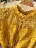 Women Lace Dress Spring Autumn Stand Collar Puff Sleeve High Waist Party Robe Female Elegant Green/Purple Midi