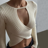 Zingj Women's Autumn New Sexy Show Thin Crop Pit Knit Long Sleeve Jacket Female- Outfit