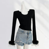 Zingj Thousand Years Royal Sister Wind Black Hot Jacket Early Spring U Collar Slim Thin Feathers Long Sleeve Bottom
