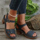 Retro Casual Roman Style Round Head Sandals Women New Hollow Pattern High Heel Buckle With Large Size