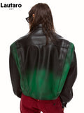 Spring Autumn Short Cool Oversized Gradient Pu Leather Jacket Women Pockets Luxury Designer Clothes Runway Fashion
