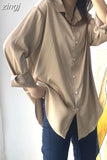 Fashion Button Up Satin Silk Shirt Vintage Blouse Women White Tops Lady Long Sleeves Female Loose Street Shirts