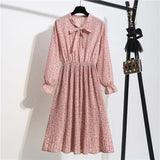 Women Elegant Casual Floral Print Autumn Winter Pleated Dress Vintage Bow Collar Long Sleeve Chiffon Shirt Dress 2023 Robe
