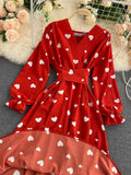 Women Red/Yellow/Green Printed Midi Dress Vintage V-Neck Flare Long Sleeve High Waist A-Line Vacation Bandage Vestido