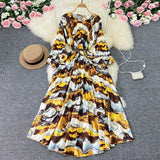 Zingj New Women's Dress Oversized Skirt Print Pleated Waist Lace Holiday