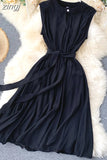 Solid Green/Blue/Yellow Casual Dress Elegant Sleeveless Round Neck Sashes Dresses Vintage 2023 New Fashion Vestido