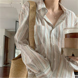 Sense Striped Polo Collar Long-Sleeved Shirt Coat Women Spring And Summer Loose Thin Sun Protection Shirt Outside The Shirt
