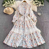 Retro Court Wind Hollow Lace Splicing Lantern Sleeve Collection Waist Single Buckle Print Dress 2025 Spring