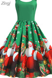 Winter Christmas Women Sexy Spaghetti Strap Swing Party Dress Vintage Robe Santa Snowflake Print