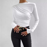 Summer Solid Color Round Collar Repair Shirt Bran Folding Design Women's Long-Sleeved