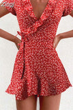 2023 Women Dress Boho Floral Ruffle Short Mini Dress Summer Knot Sexy V-Neck Party Holiday Dress Femme vestido de