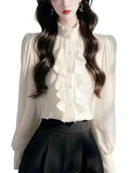 Chic Lace Splicing Long-Sleeved Shirt Early Spring Super Good Single-Dnecked Shirt Temperament Blouse Women's