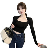 Zingj Square Collar Bottom Shirt Female Design Sense Niche 2023 Autumn Outfit With Long-Sleeved T-Shirt Slim Draw Rope Top