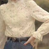 Shirts Women Temperament French Vintage Stand Collar Long Sleeve Casual Office Lady All-match Tops Elegant Autumn