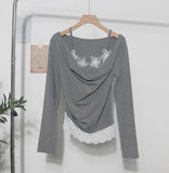Autumn Fake Two Lace Lace Collar Folding Long Sleeves Slimming Bottom T-Shirt Top Woman