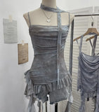 Shooting Round Neck Fluttering Dye Printing Irregular Lotus Leaf Side Mesh Slings Slings Sleeveless Top