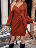 Trend Autumn And Winter New Trend Solid Color V Collar Slim Lady Tied Waist