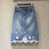 VAREY LIN 2025 New Spring Women Denim Skirts Casual Lace Irregular A-line Skirts High Waist Hole Split Denim Skirt Lady 211-0-Outfit