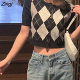 Women Knitted Cropped Trendy Single Breasted Short Sleeve Slim Preppy Style Leisure Retro Female Students Cardigans