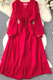 Vintage Women Dress Elegant Orange/Red/Yellow V-Neck Lantern Sleeve High Waist Slim A-Line Vestidos Female New