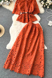Women Hollow Out Two Piece Set Vintage Turn-Down Collar Short Sleeve Tops + High Waist Long Skirt 2Pcs Suit New