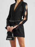 Zingj Spring New Fashion Temperament Hollow Out Design Sense Water Diamond Sleeve Pearl Belt Show Thin Suit Jacket